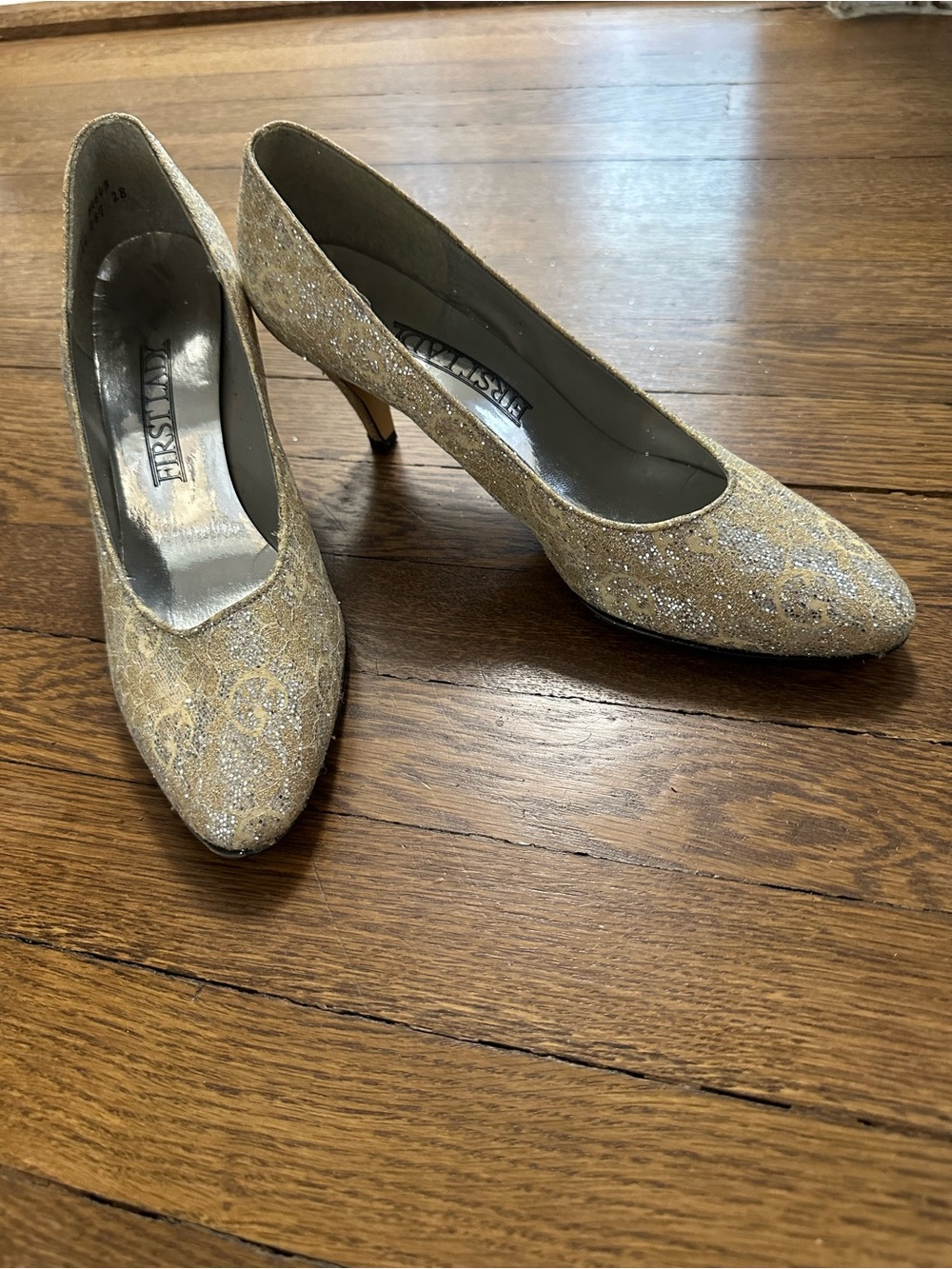 Vintage 80s Gold Silver Glitter Heels Pumps Deadstock Sz 10.5